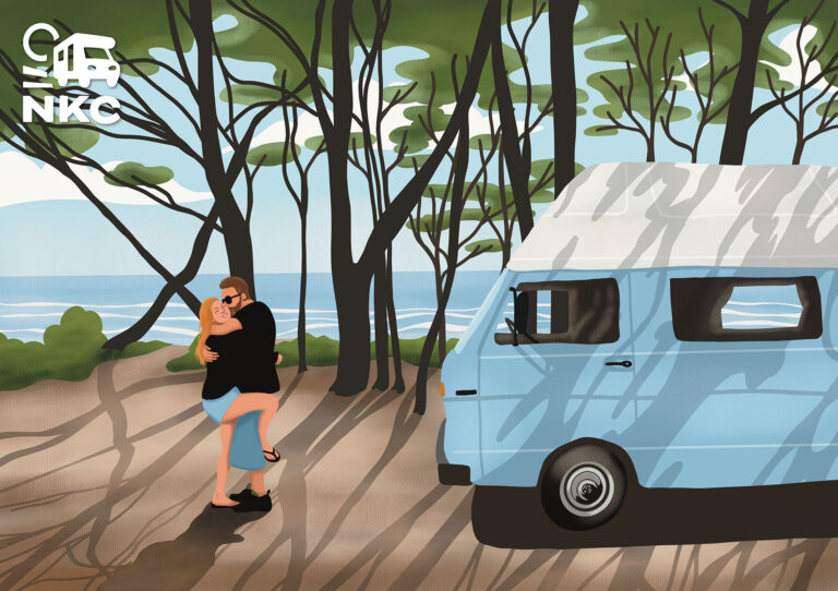 vanlife, wildkamperen, natuur, reizen, camper, illustrator isabell hansen, bellolage, polen, baltische zee, baltic sea, volkswagen, oldtimer, illustratie over vanlife